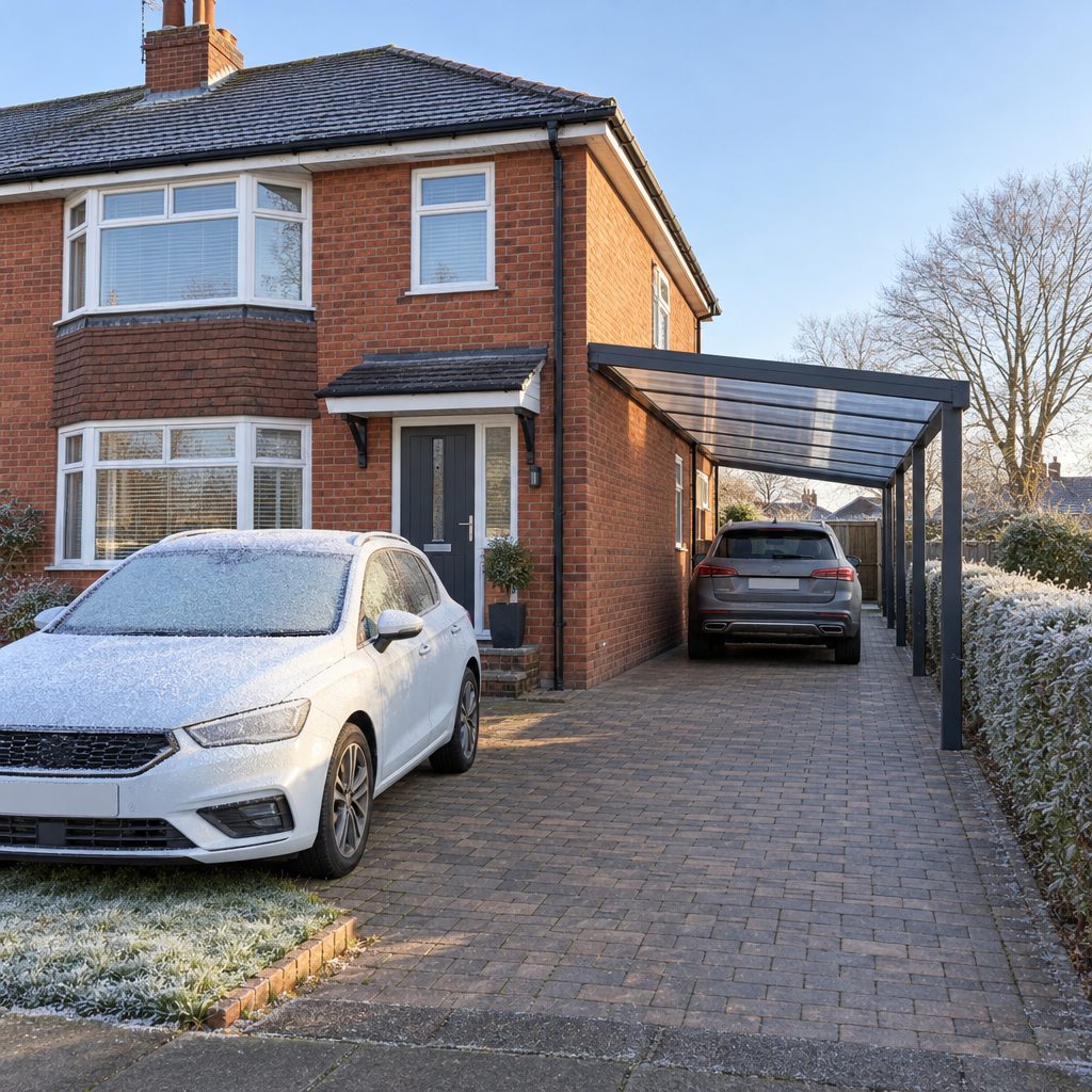 Grey aluminium carport along the side of a brick semi-detached house, keeping one car frost-free while a car parked in the open is covered in frost